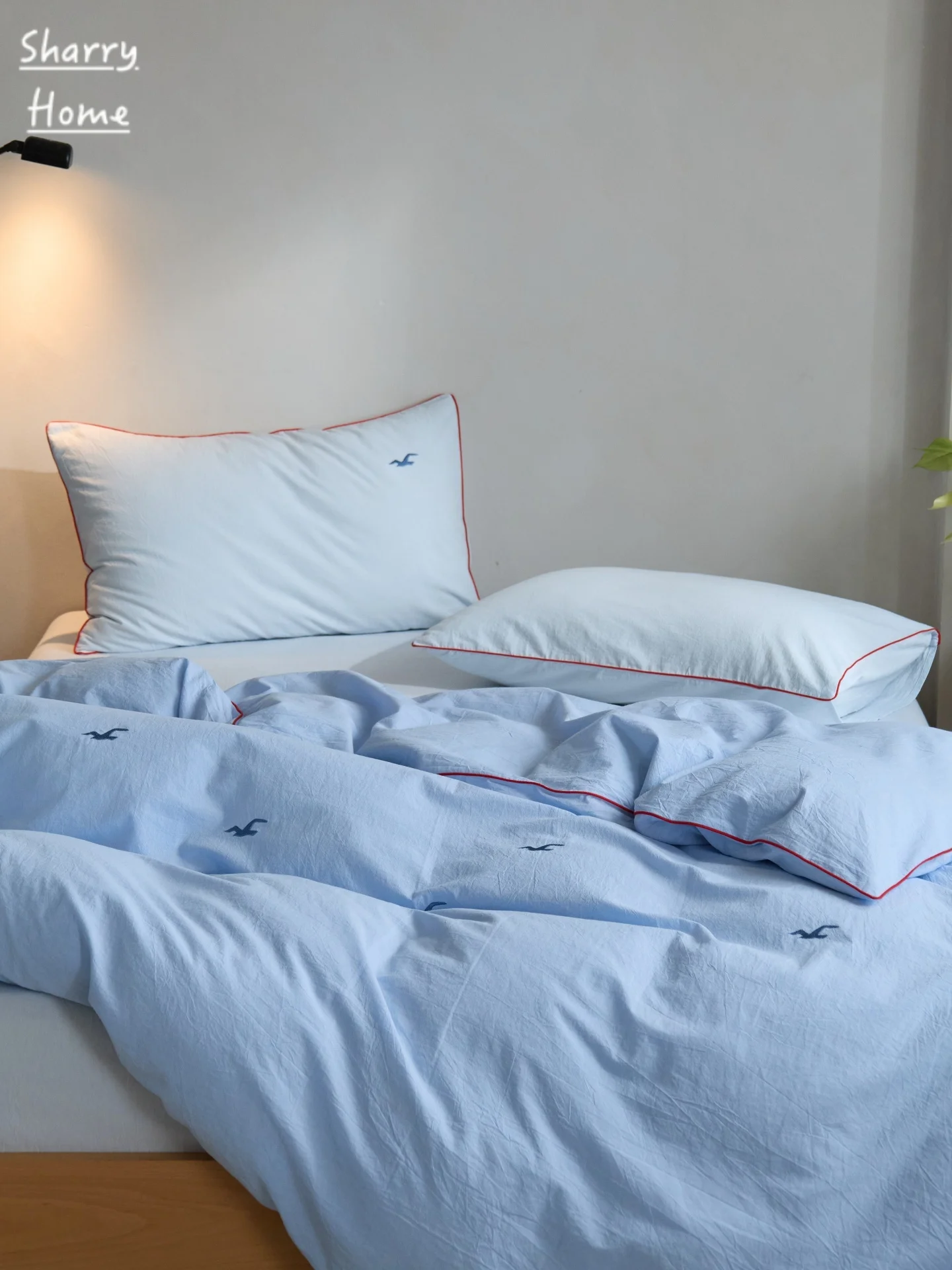 Blue Cotton Bedding Set 4pcs Embroidered Seagull Washed Rope Embedded 100% Cotton  Style Bed Sheet Cover Duvet Cover