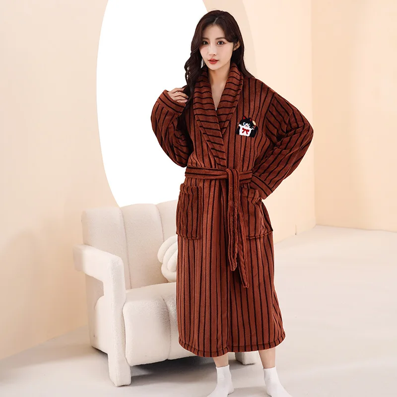 Autumn and Winter Stripes Flannel Robe for Women Luxury Couples' Sleepwear Men's Warm Bathrobe Nightwear Plush Nightgown