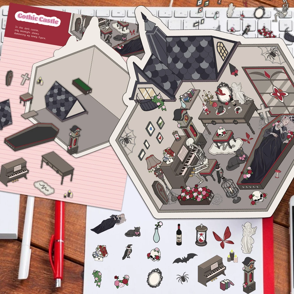 1 مجموعة الكرتون القوطية القلعة المشهد مصغرة ملصق ثلاثية الأبعاد الضغط المملكة المظلمة مجموعة DIY المشهد القوطية الزفاف خلفية ديكور #5