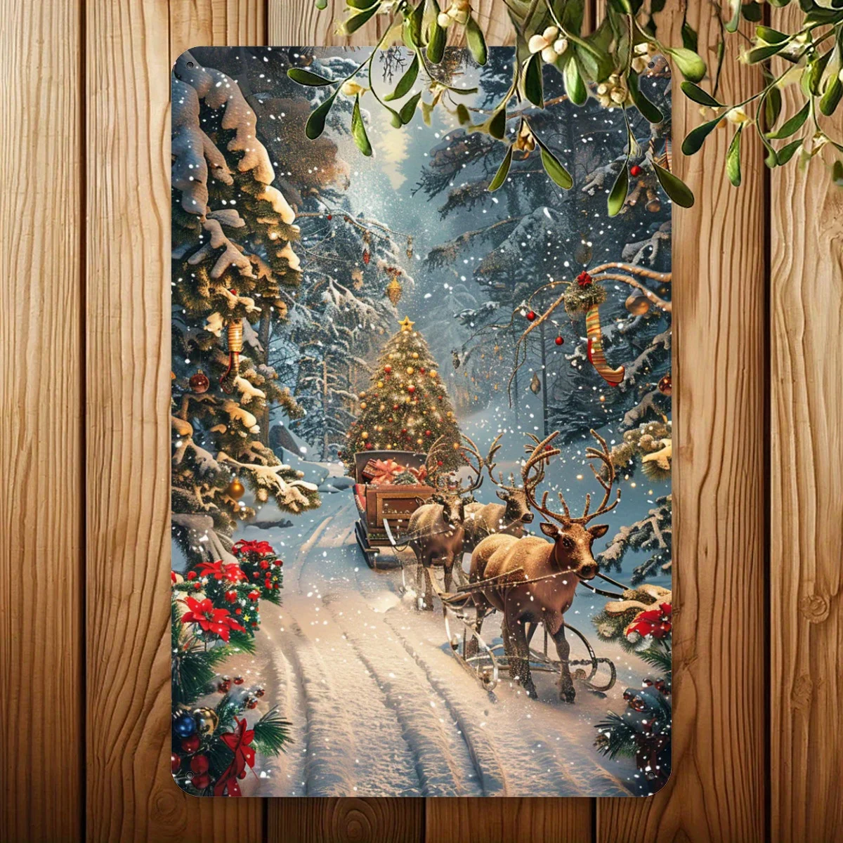 2D Flat, 1pc Vintage Christmas Reindeer Snow Scene Metal Wall Art - 20.32x30.48 cm Rustic Farmhouse Holiday Decor with Santa'S S