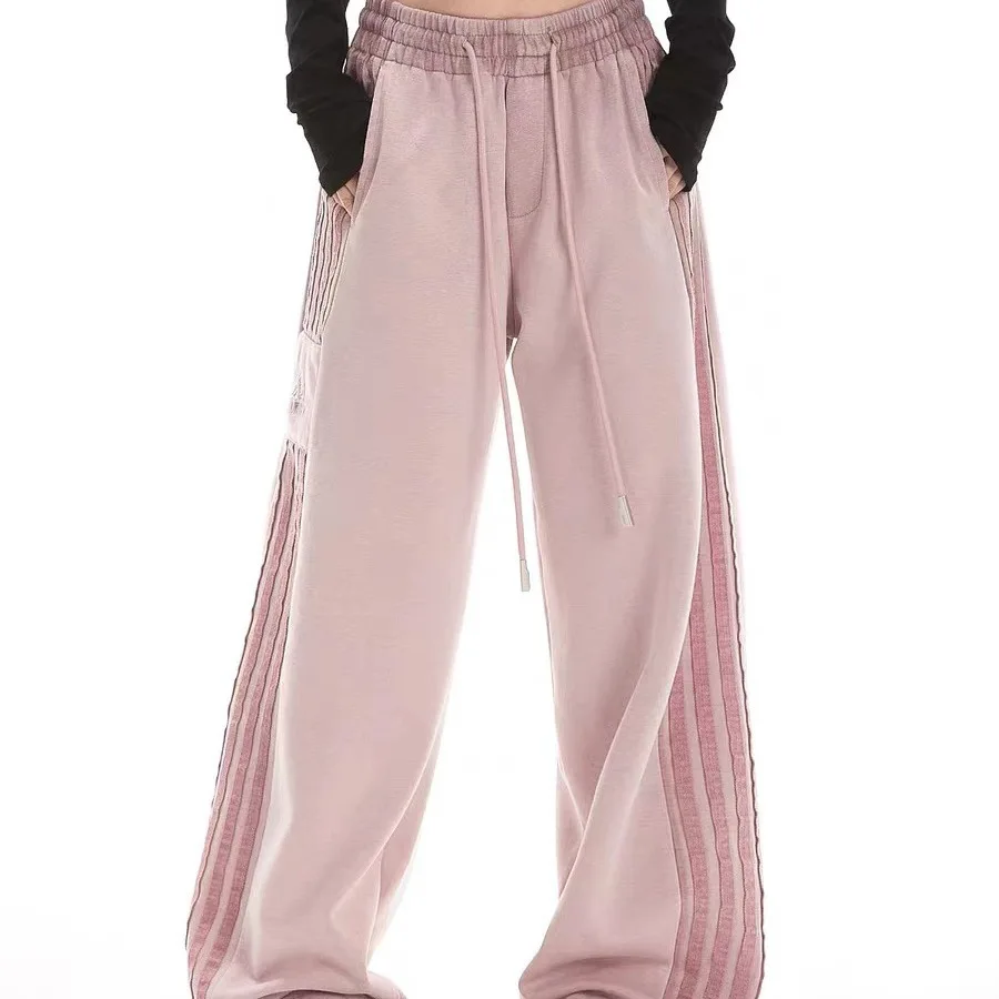 

American retro high street bar striped sweatpants for women in autumn new loose casual straight wide-leg pants