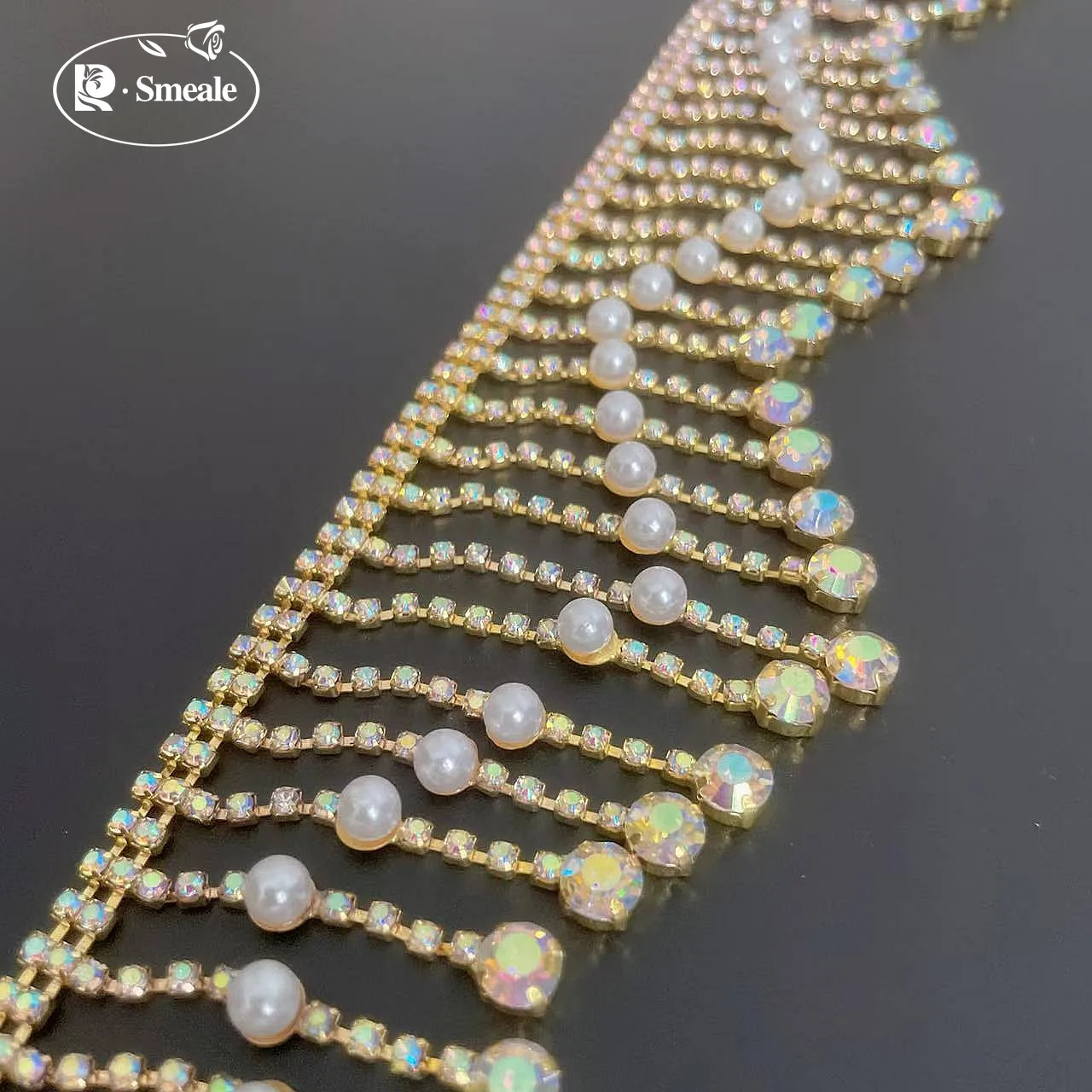5-1 Yards. Strass-Quaste. Handgefertigte gewellte Strass-Kette, DIY-Hochzeitskleid-Dekoration, Kleidungszubehör. Perlenbesetzter Fransenbesatz. – Detail 6