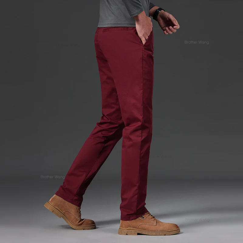 9 Color Men's Cotton Casual Pants Elastic Waist Slim Straight Solid Color Business Trousers Four Seasons Brand Male Clothes images - 6