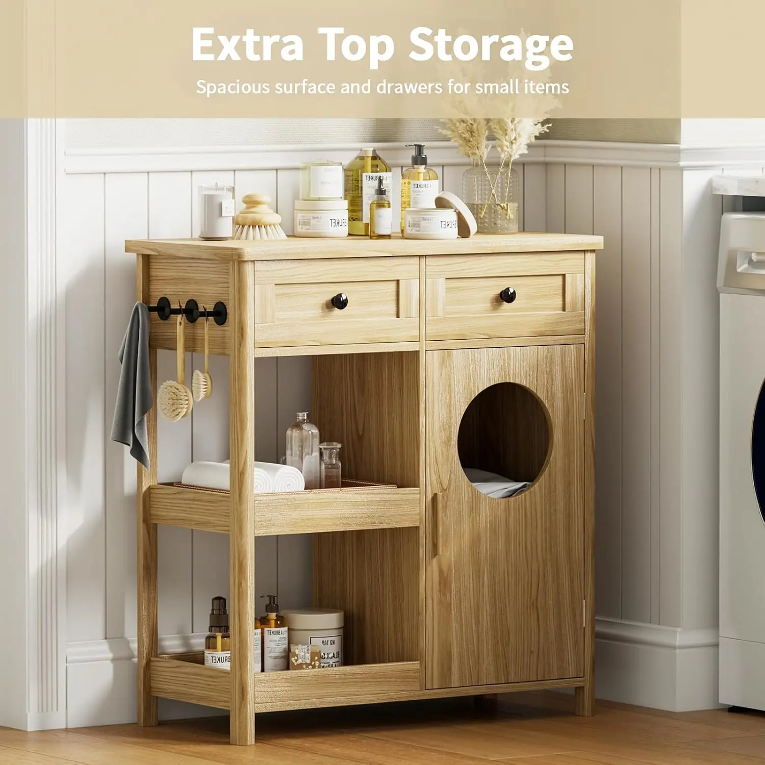 Laundry Hamper Cabinet with 2 Drawers & Open Shelves, Anti-Tip,Oak, Customized