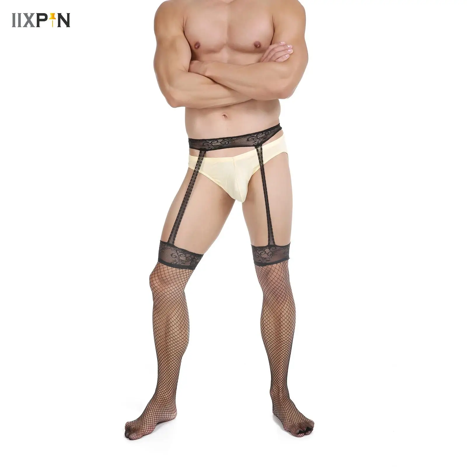 

Men Pantyhose One-piece Suspenders Garter Belt Lace Fishnet Stockings Pseudo-feminine Open Buttock for Cross Dress Drag Queen