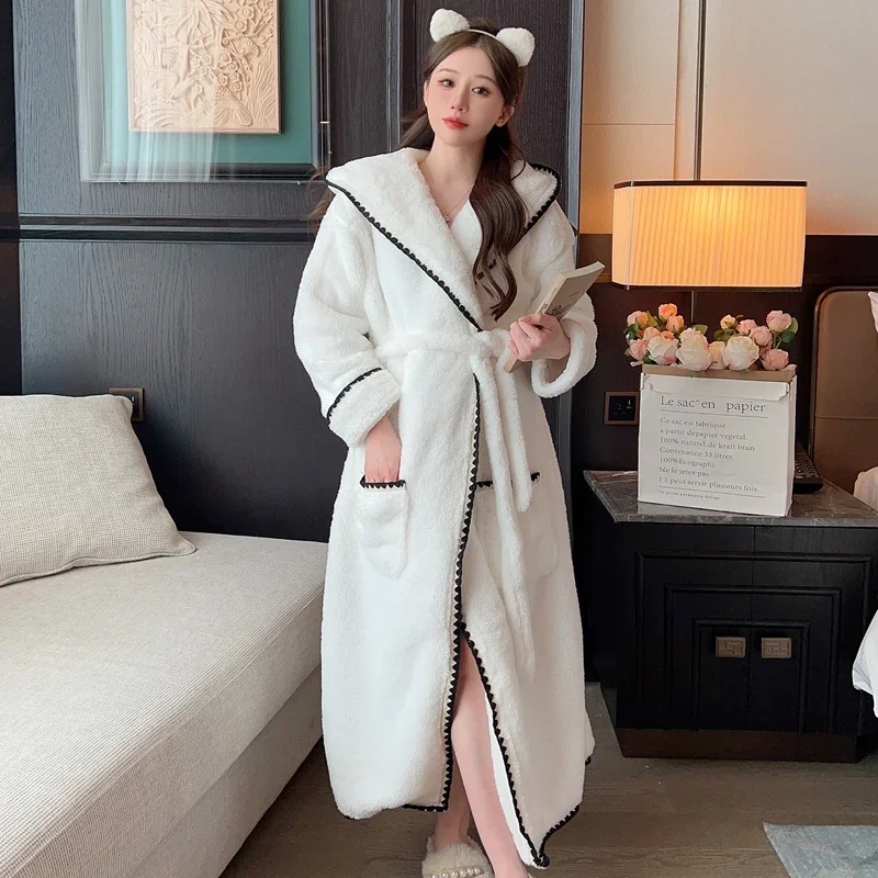 Winter Hooded Robes Women Gentle Warm Panelled Thicken Sleepwear Home Plus Velvet Korean Fashion All-match Lounge Females Soft