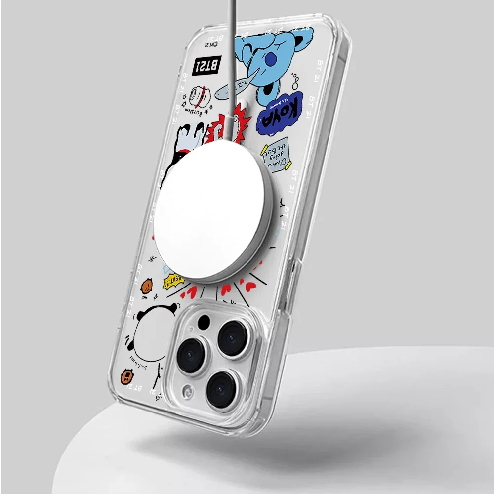 BEST KINGDOM B-BT21 Cute Phone Case for iPhone Plus 11 13 12 14 15 16 Pro Max Transparent Shell Magsafe Magnetic Wireless Cover