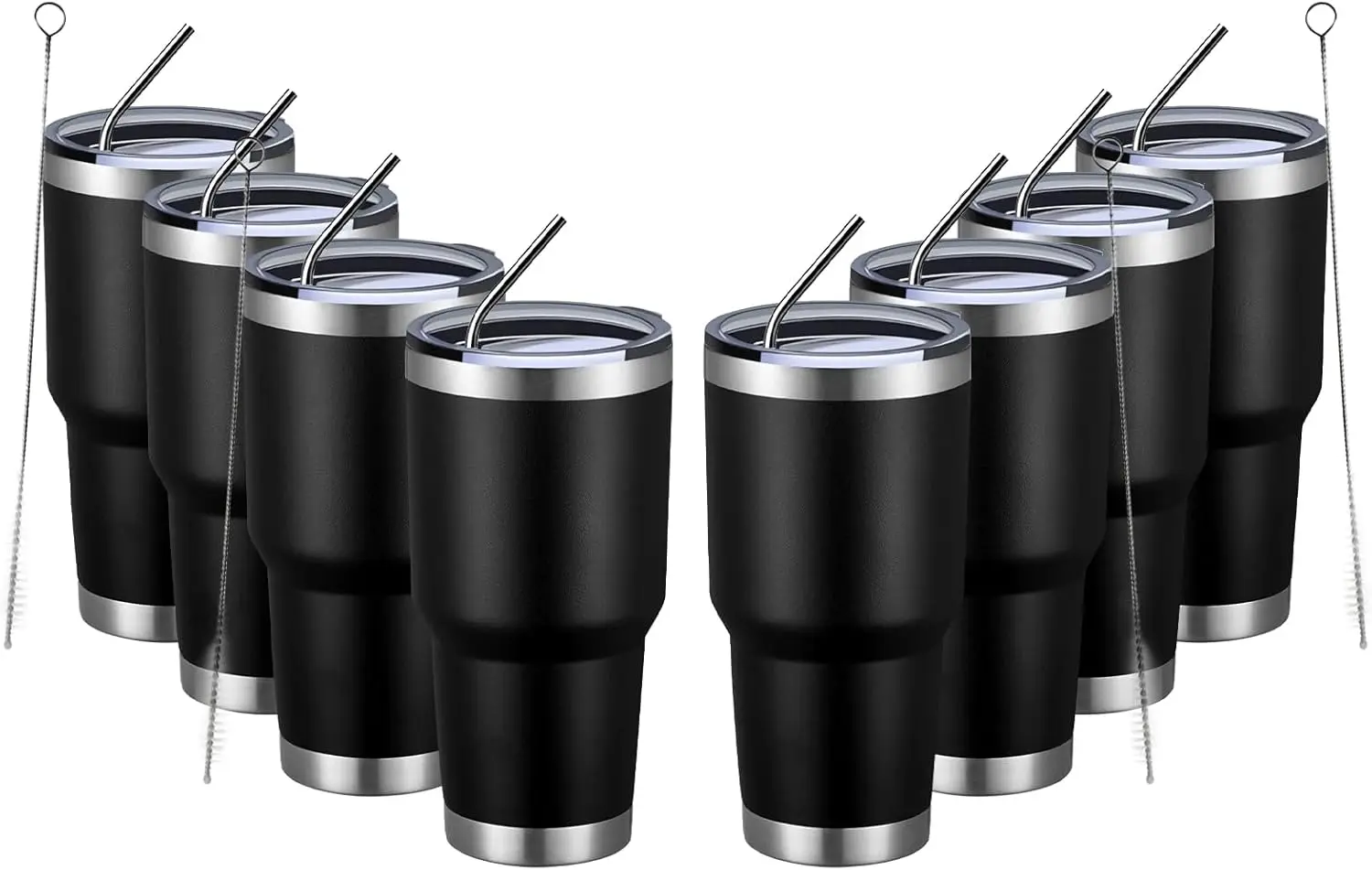 

30oz Insulated Stainless Steel Tumbler with Lids and Straws, Double Vacuum Coffee Cup for Cold & Hot Drinks, 8-Pack Black