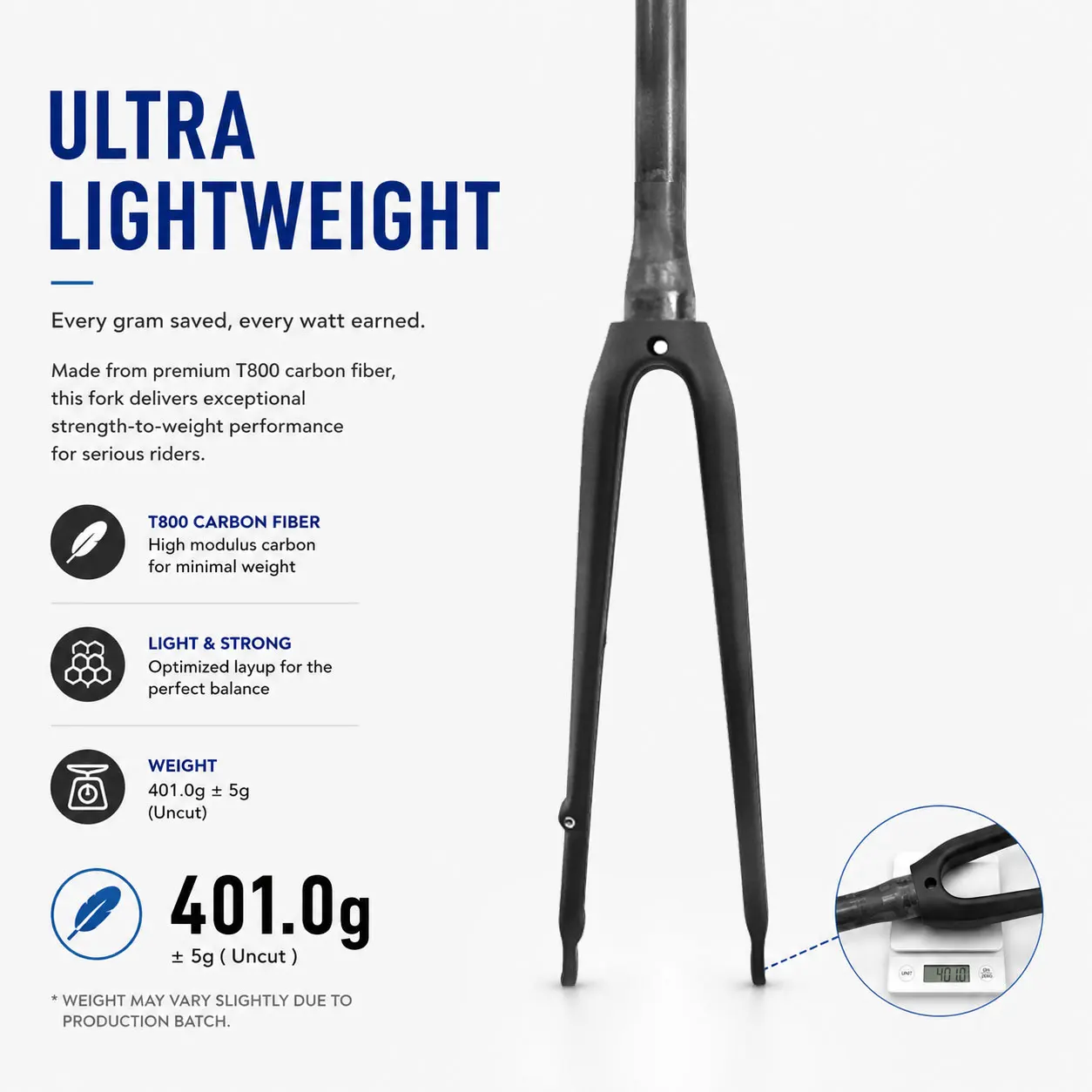 Carbon Fiber Road Bike Fork 700C Disc Brake, Flat Mount, Ultra-Light T800 Toray, 100x12mm Thru Axle/QR, Straight/Tapered Steerer - view 2