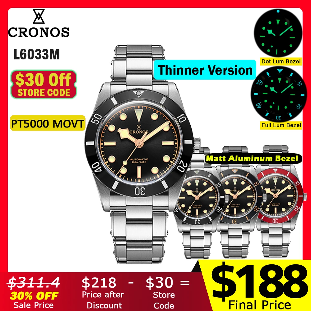 Cronos Lüks Erkek Izle 37mm Dalgıç BB54 Vintage Otomatik Kol Saatleri Kadın Uç Bağlantıları Safir 20 Bar L6033