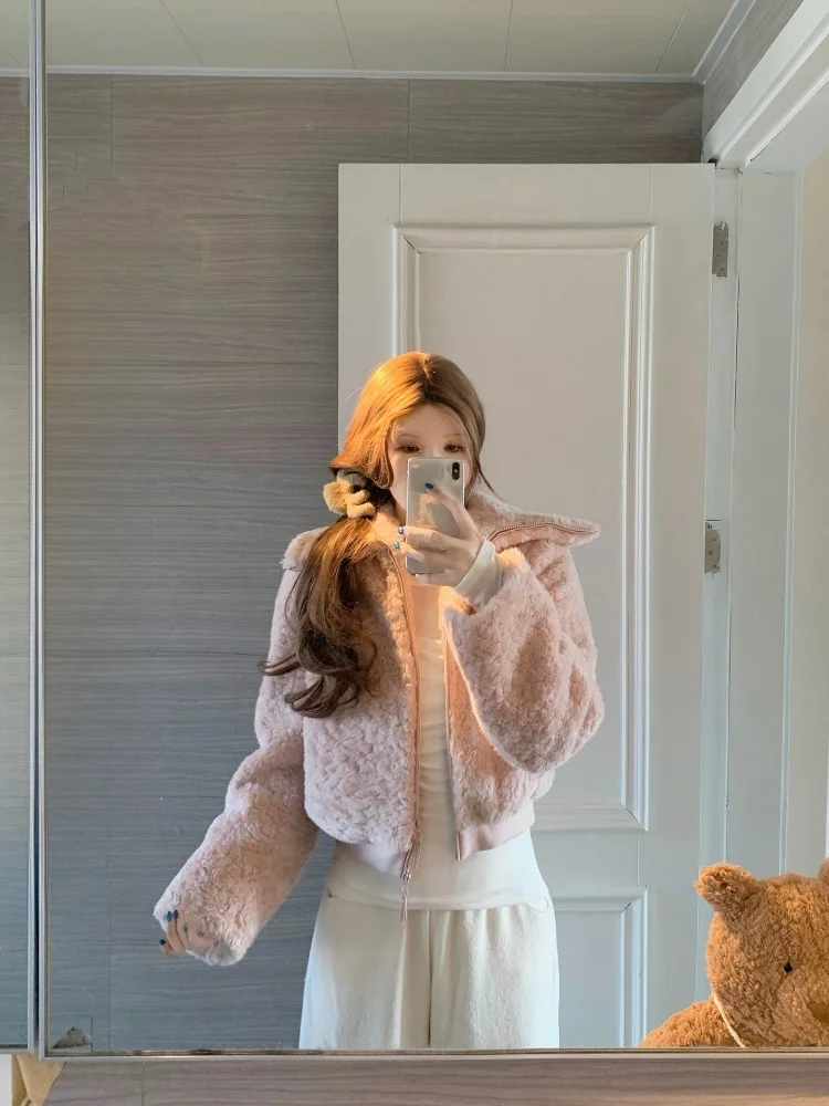 

Ch�ng Pink Collar ort Coat Women's Casual Warmth Winter New Sle Fluffy Inner Stand Fit Ladies Faion Outerwear
