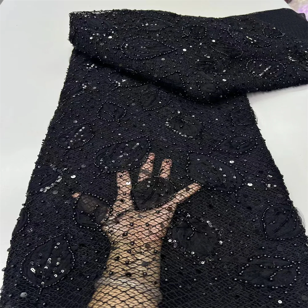 African Sequins Beaded Lace Fabrics 2025 High Quality Sequence Embroidery French Nigerian Lace Fabric For Wedding Sewing