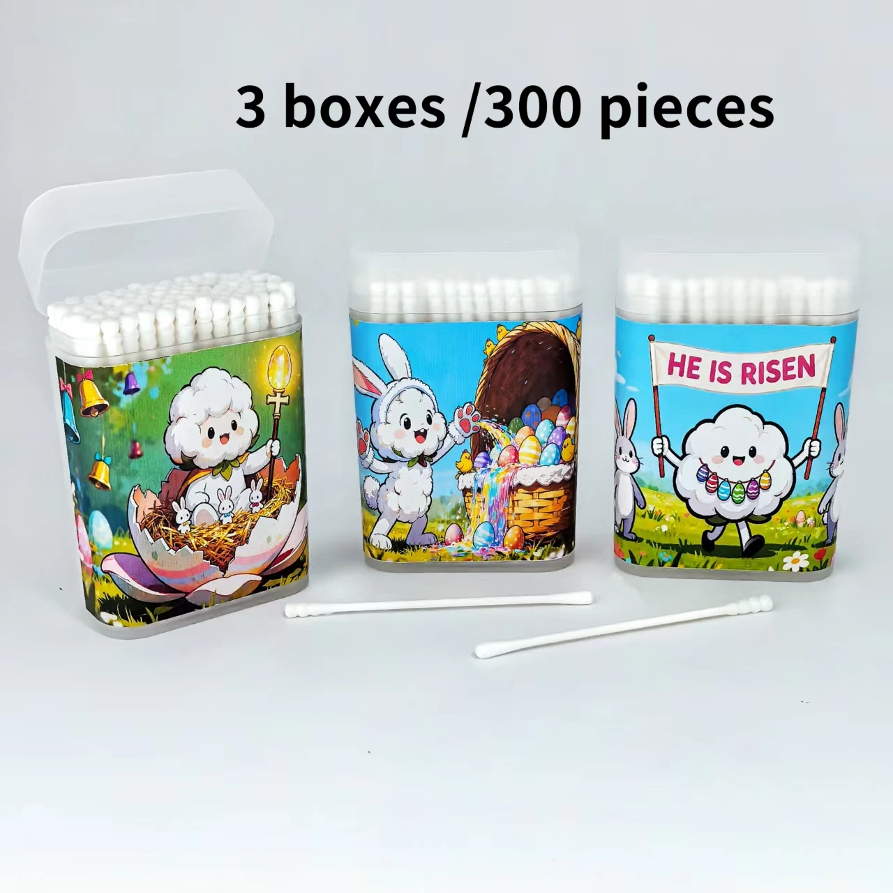 300 pieces of Easter-themed cotton swabs, Easter element double-headed fine-axis screw round cotton swabs