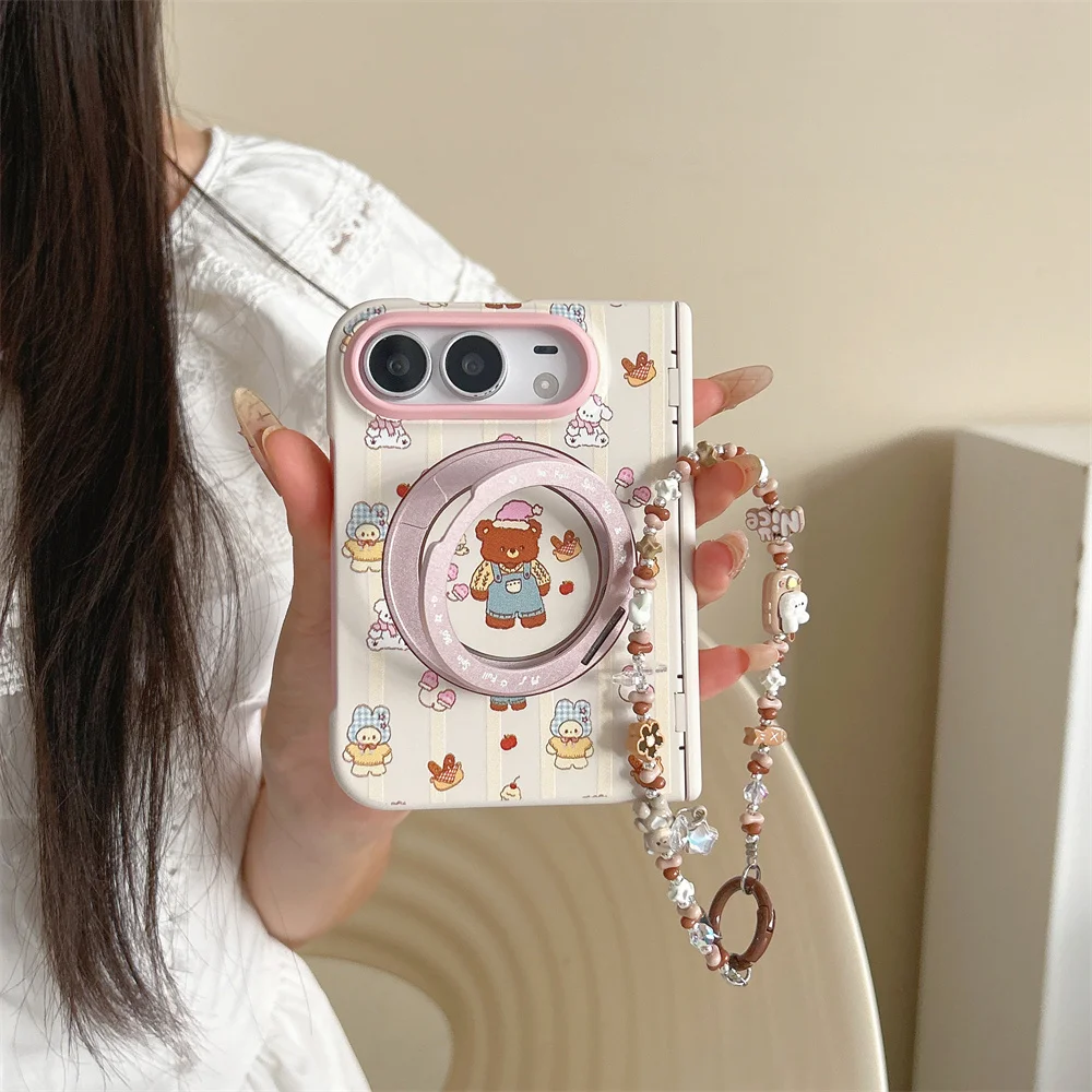 Korean Cute Bear Cake Chef Folding Phone Case For iPhone Duo With 360° Magnetic Stand Chain Shockproof cases For Magsafe