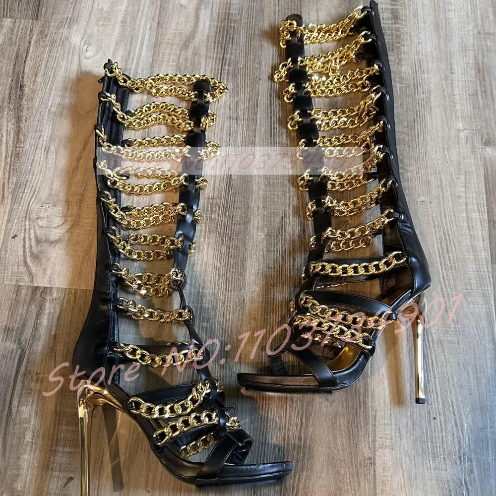 Gold Chain Punk Strappy Knee High Sandals Women Gladiator Open Toe Stiletto High Heels Female Sexy Party Nightclub Sandals