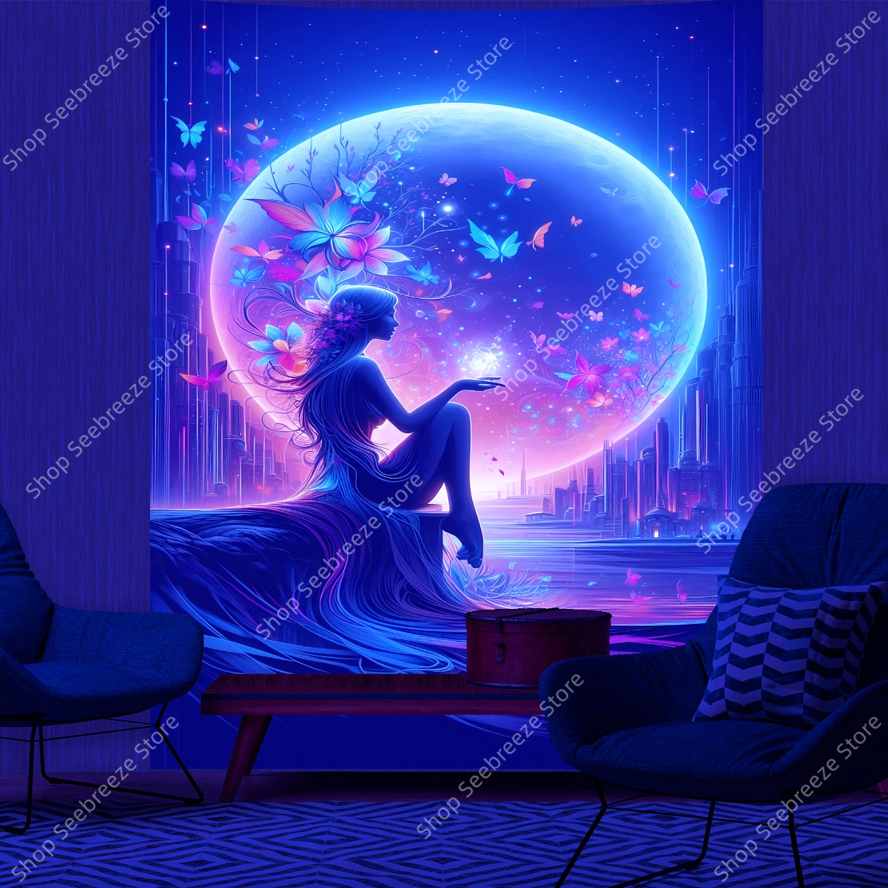 

Mystical Goddess UV Tapestry Celestial Moon Glowing Orb Butterflies Fantasy for Bohemian Home Decor Yoga Meditation Wall Art