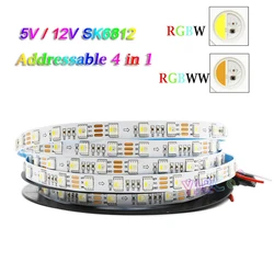 5V 12V SK6812 IC 주소 지정 RGBW RGBWW 4 1 LED 스트립 60 픽셀/m SMD 5050 RGB 화이트 램프 테이프 스마트 조명 바