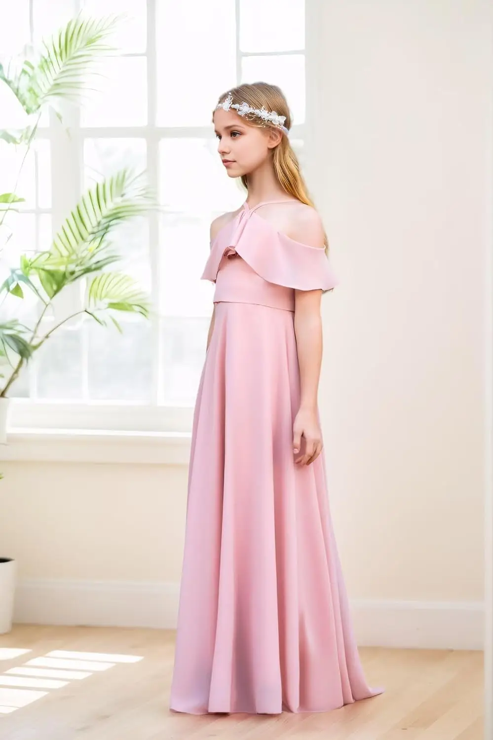 Een lijn junior bruidsmeisjekleding bloemenmeisjesjurk chiffon maxi mouwloos a-lijn voor bruiloft tienermeisjes feestjurken meisjesjurk