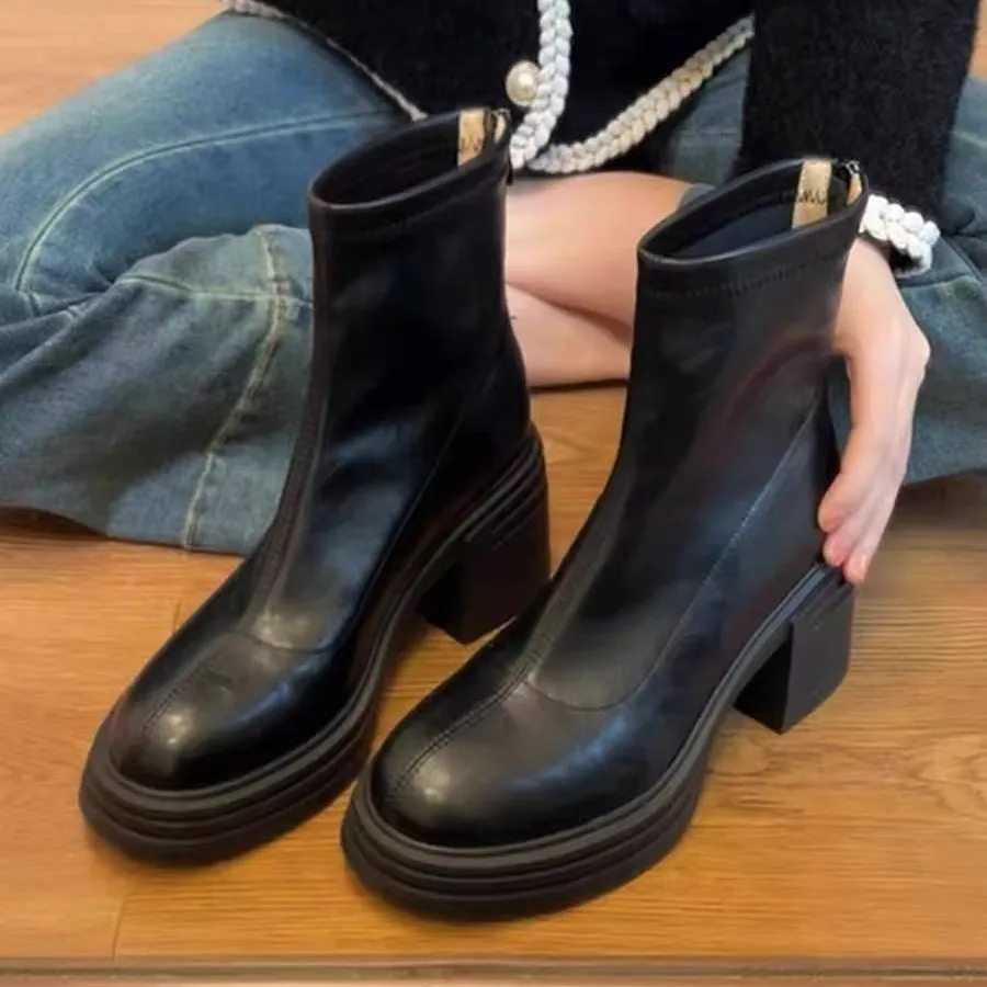 

Thick soled short boots women's boots 2025 black British round toe thick high heels slimming versatile fashion boots for women