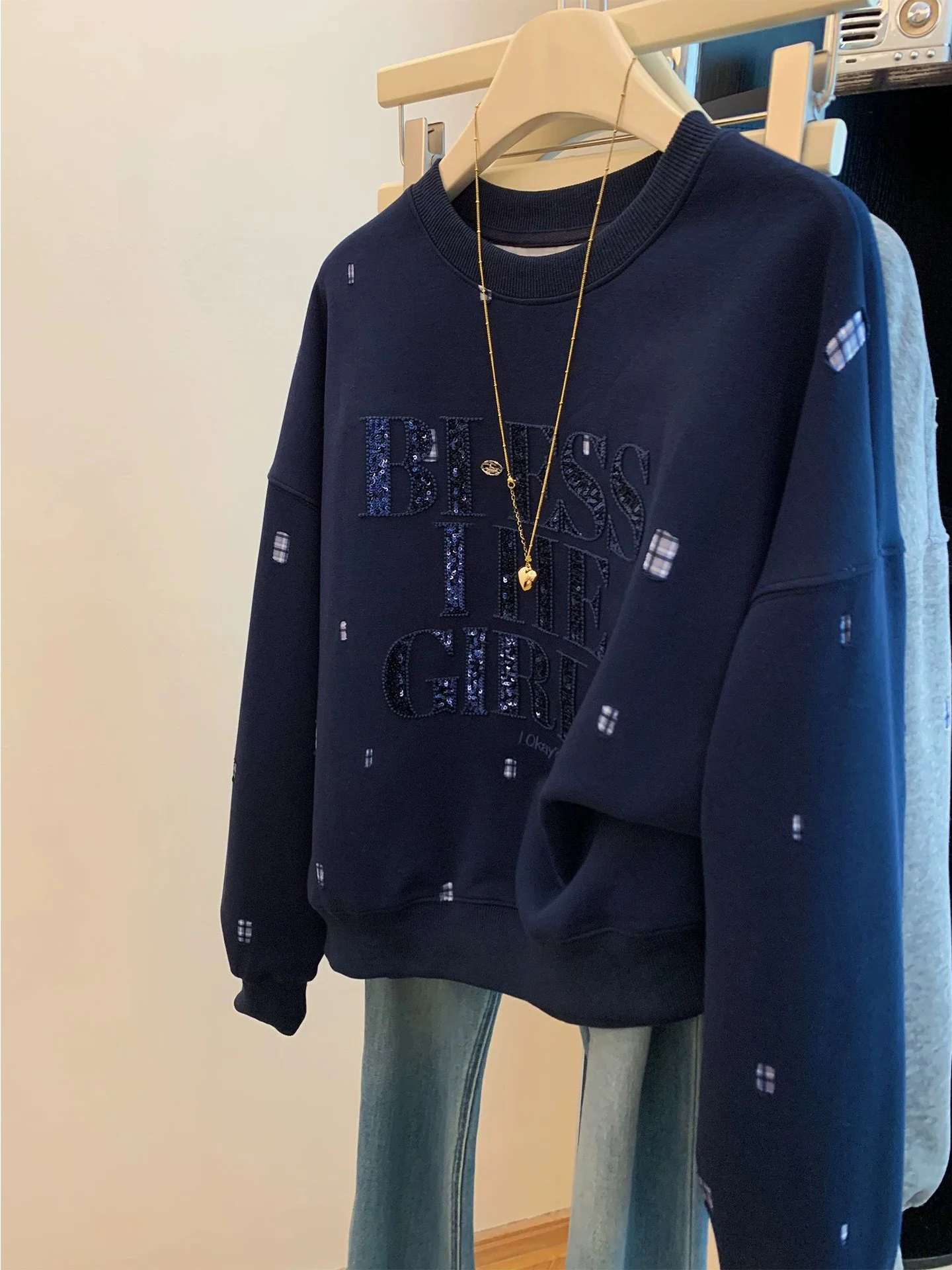 Extra grande tamanho longo sve bordado lantejoulas carta moletom feminino solto casual coreano sle topo para plus size