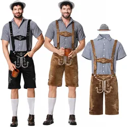 M-XXL tedesco Oktoberfest Lederhosen Costume manica corta camicia a quadri bretelle cappello Set Beer Festival maschio Cosplay Halloween