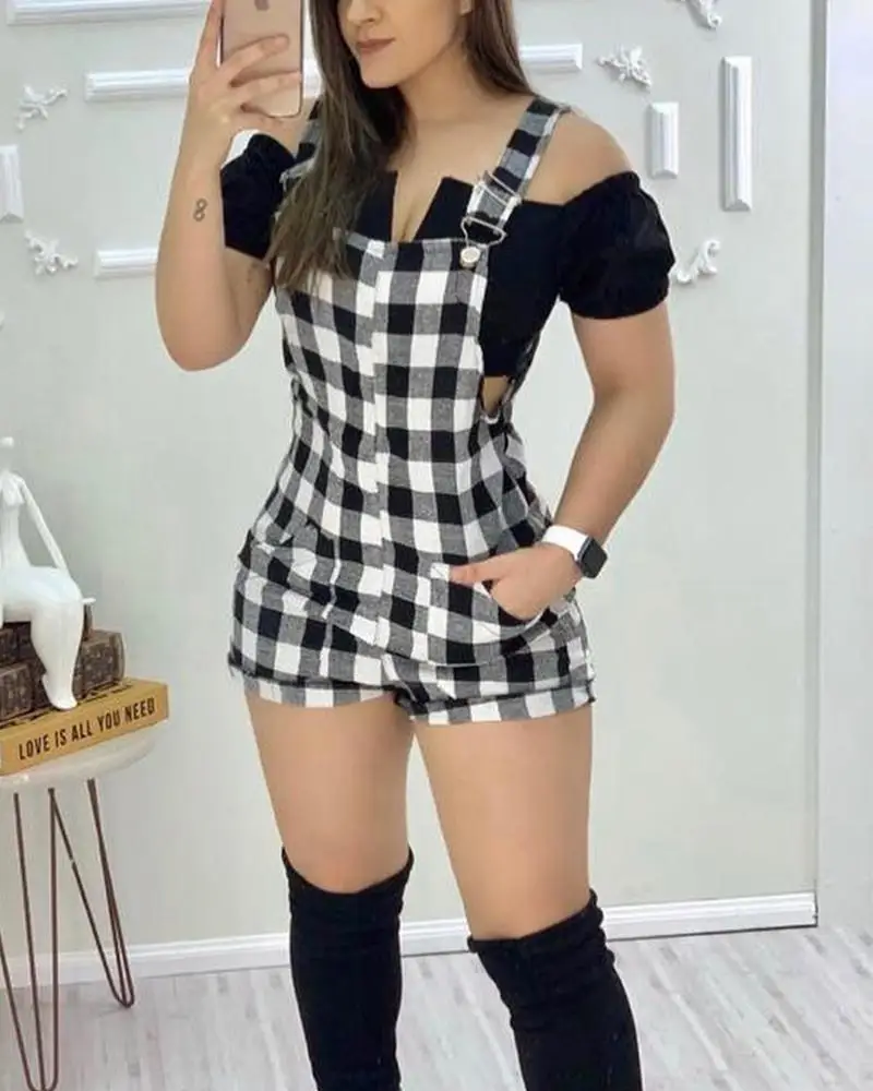 

Women's Gingham printed wide shoulder strap jumpsuit, fashionable and casual, new women's clothing for summer 2025