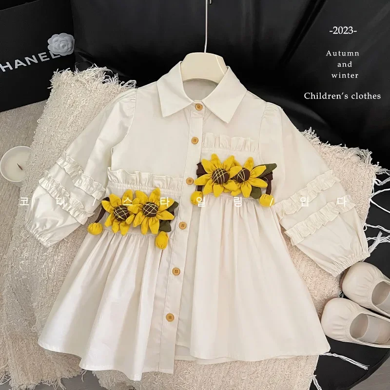 Autumn Spring New Girls\' Dress Korean Fashion Cute Flower Dress Girls Long Sleeve Sweet Princess Wedding Birthday Party Dress