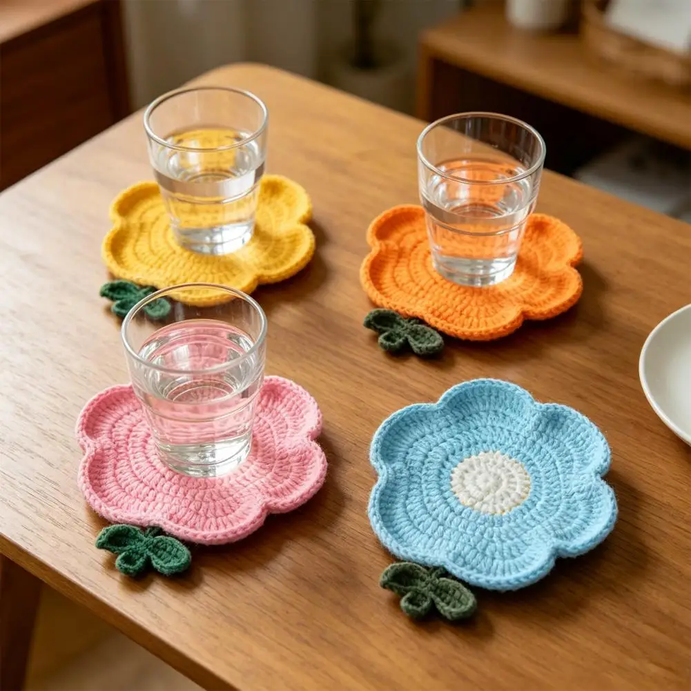 Handmade Crochet Coasters Animals Fruits Vegetables Themed Mini Hand-held Bouquets Table Protectors Small Flower Decor
