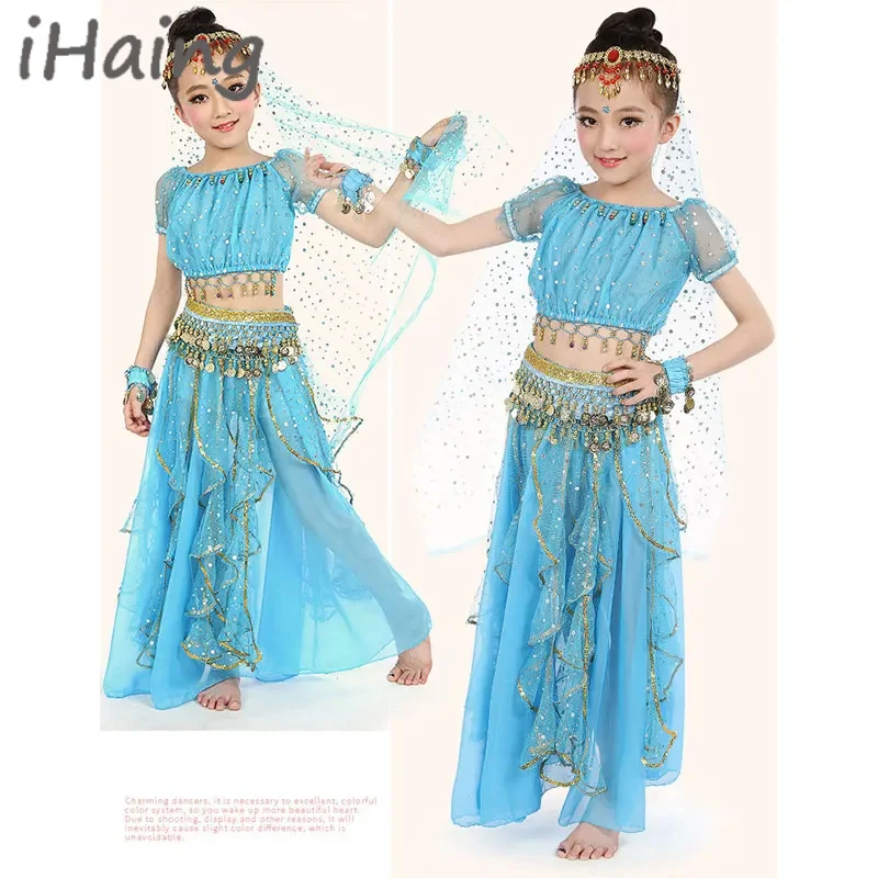 

Детский блестящий комплект для танца живота, индийское сари для девочек, арабский костюм Болливуда, топ для выступления на сцене, юбка, платье для косплея на Хэллоуин