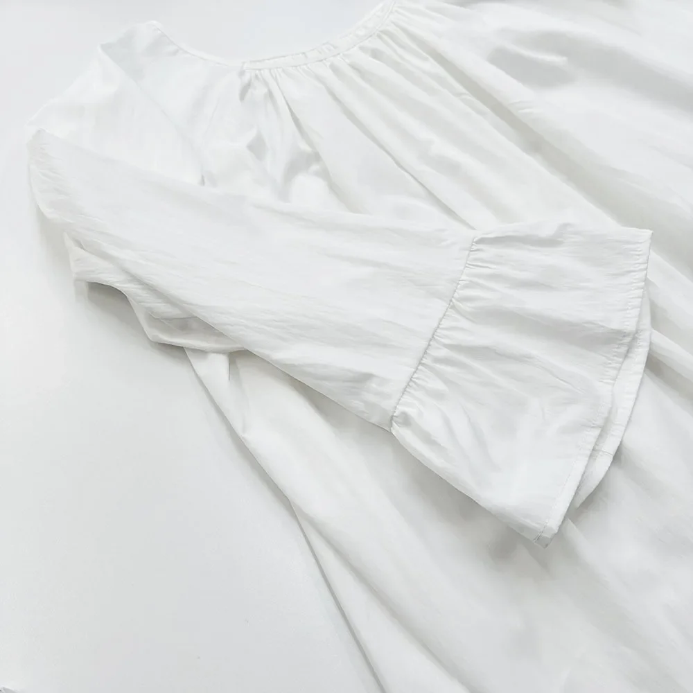 فستان طويل فضفاض بأكمام واسعة أنيق للنساء بسيط كبير الحجم بلون سادة ربيعي جديد برقبة مستديرة مكشكش فستان نسائي Vertidos #6