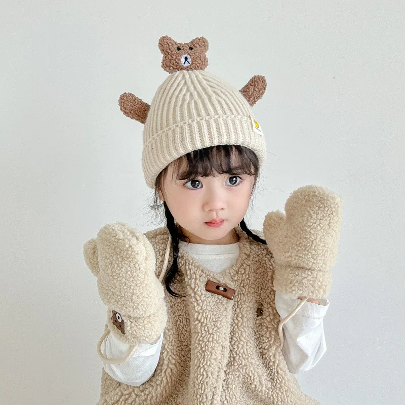 

Baby Beanie Hat Cute Bear Winter Ear Guard Kindergarten Warm Boys and Girls Thickened Knit Hat