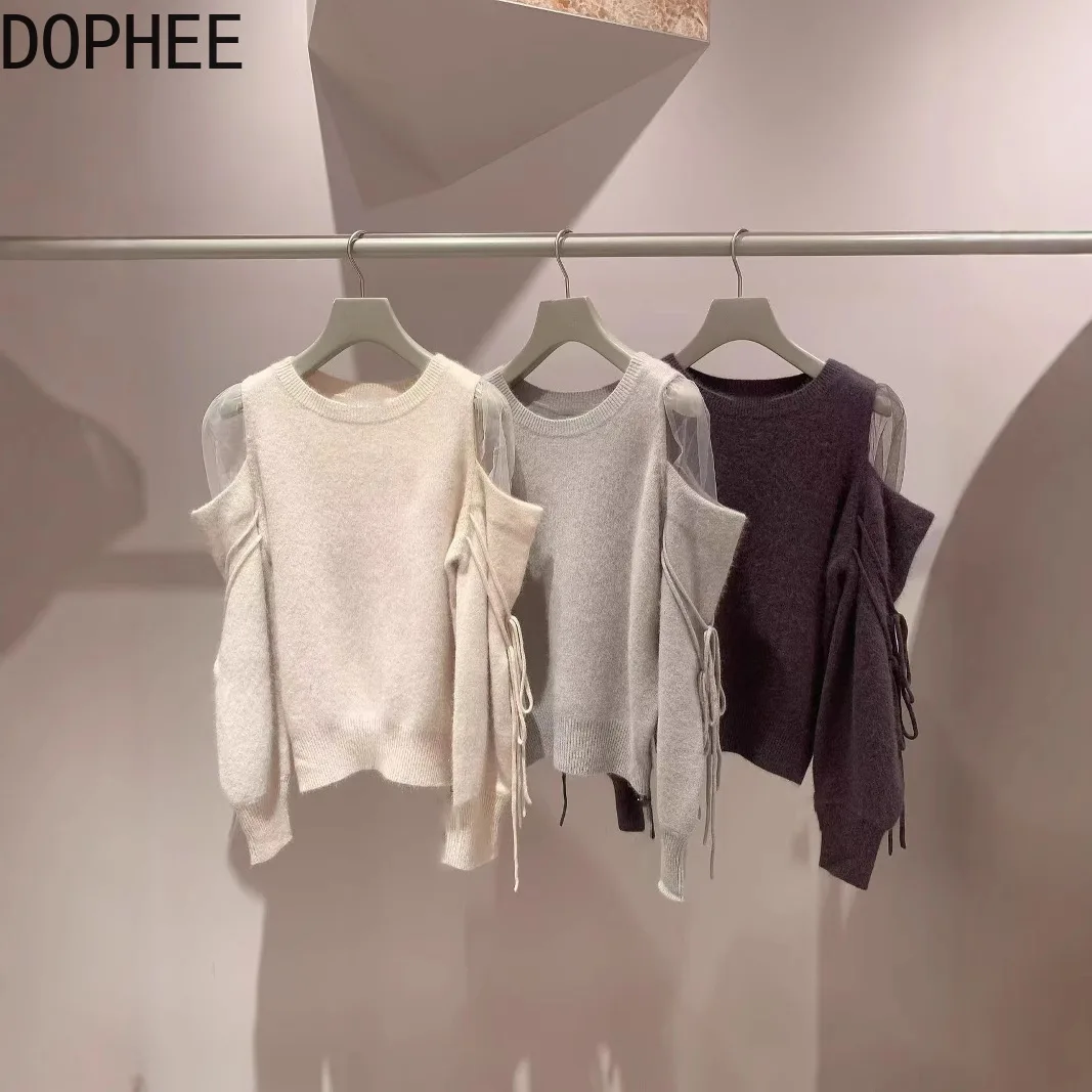 Japanese Autumn Winter All-match Round Neck Pullover Knitted Top Elegant Mesh Off Shoulder Long Sleeve Women Sweater Basic Tops