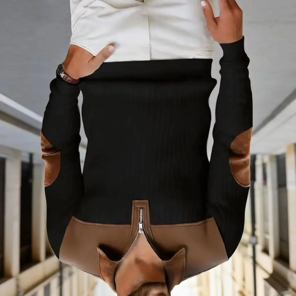 

Men Jacquard Sweatshirt Quarter Zip Shirt Long Sleeve Turndown Collar Pullover Color Block Sweatshirt Elbow Patches Street Shirt