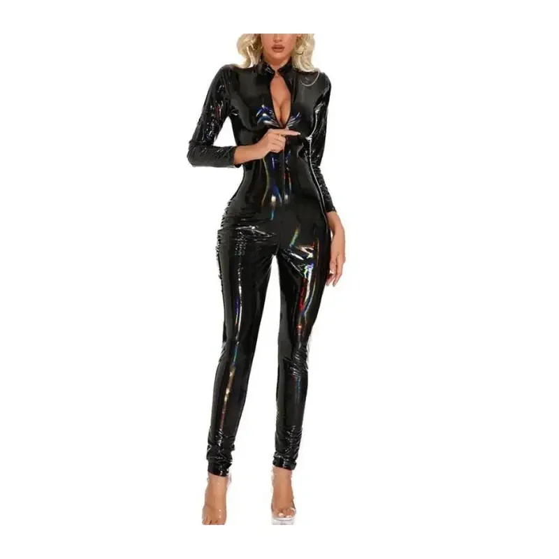 

Sexy appearance PVC sportswear shiny PU leather long sleeved double zipper slit tight fitting cosplay jumpsuit yj4k