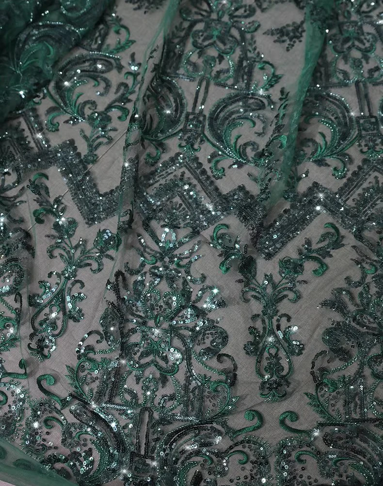 

1yard Dark green sequin embroidery telas New soft mesh fabric Wedding Dress cheongsam fabrics for clothing