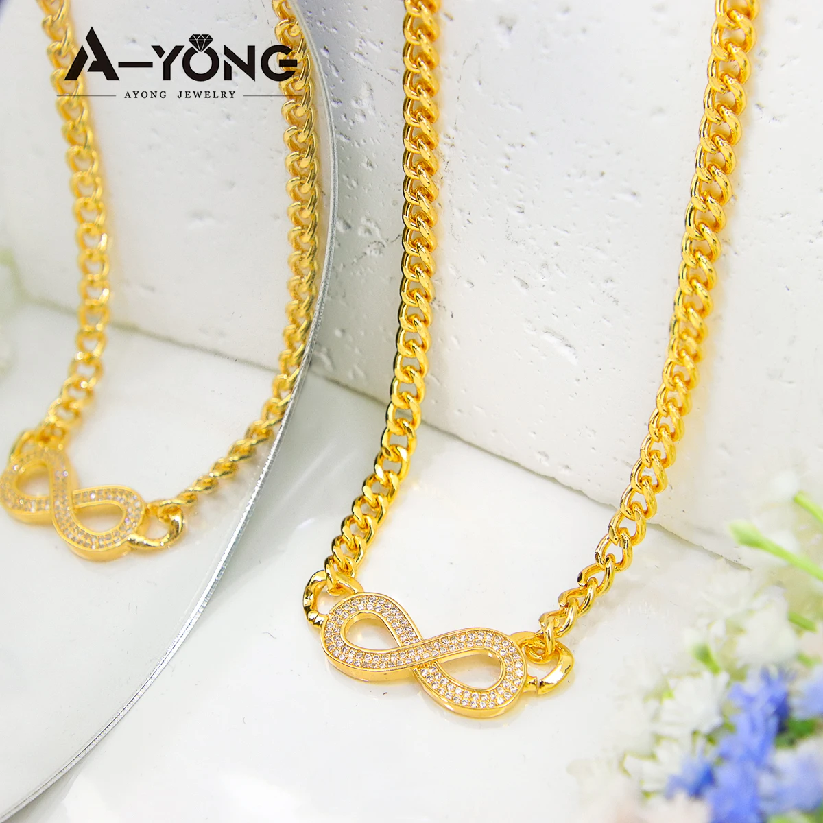 Italienisches Mode-Zirkonia-Schmuckset, 21 Karat vergoldet, Unendlichkeits-Anhänger, Halskette, Armband, arabische Frauen, Event-Party-Schmuck – Detail 6