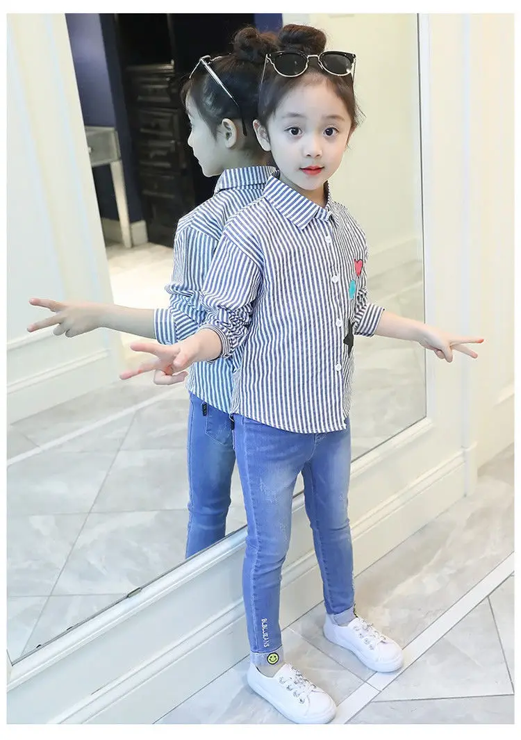 Girls\' Spring Shirt 2024 New Fashionable Children\'s Long sleeved Striped Shirt Spring and Autumn Little Girl Top