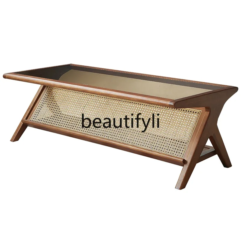 French retro coffee table solid wood rattan dining table dual-purpose glass rectangular simple modern small apartment