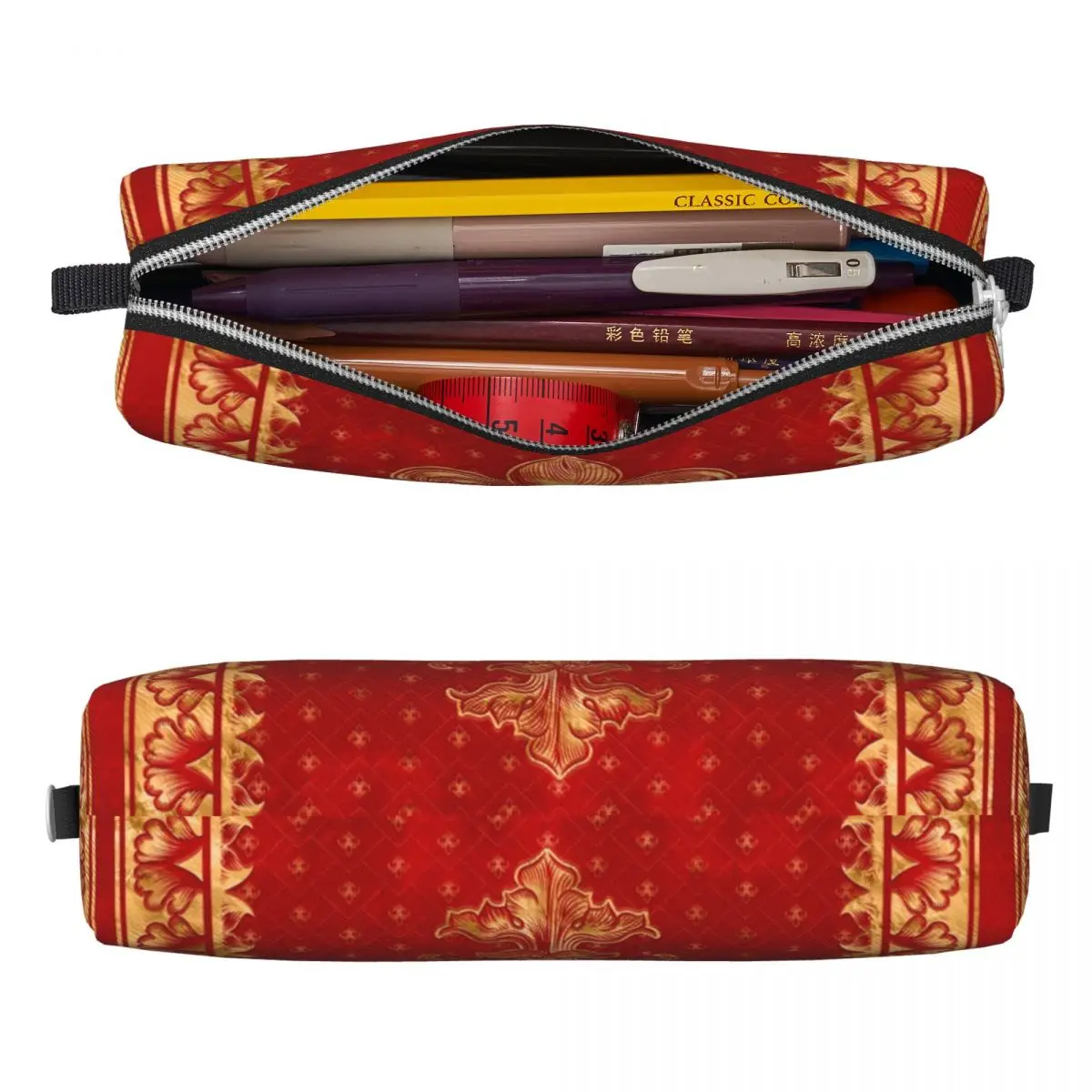 Flor-De-lis Ornamento Lápis Casos, Cute Pen Bag, Grande Capacidade, Material Escolar, Presente de luxo, Vermelho