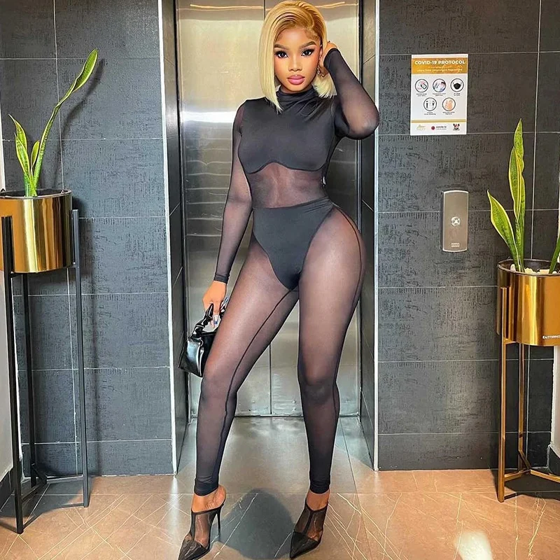 

Sexy Me See-tough Stand Collar Patchwork Tightening Butt Lifting One-piece Pants Long Polyester Mid-waist Women's Suit