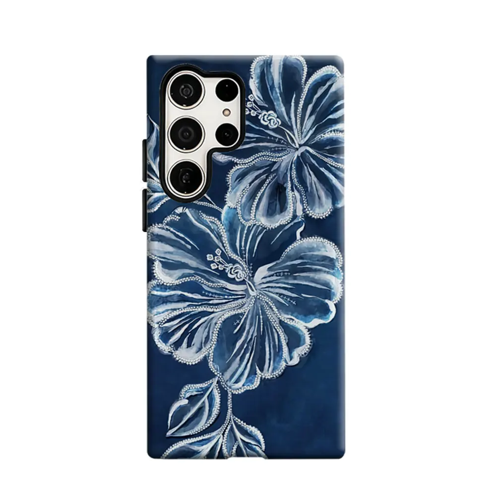 CaseLumi Phone Case For Samsung Galaxy S25 S24 S23 Ultra Plus HD Hard Navy Blue White Floral Double Layer Cover Film Shell
