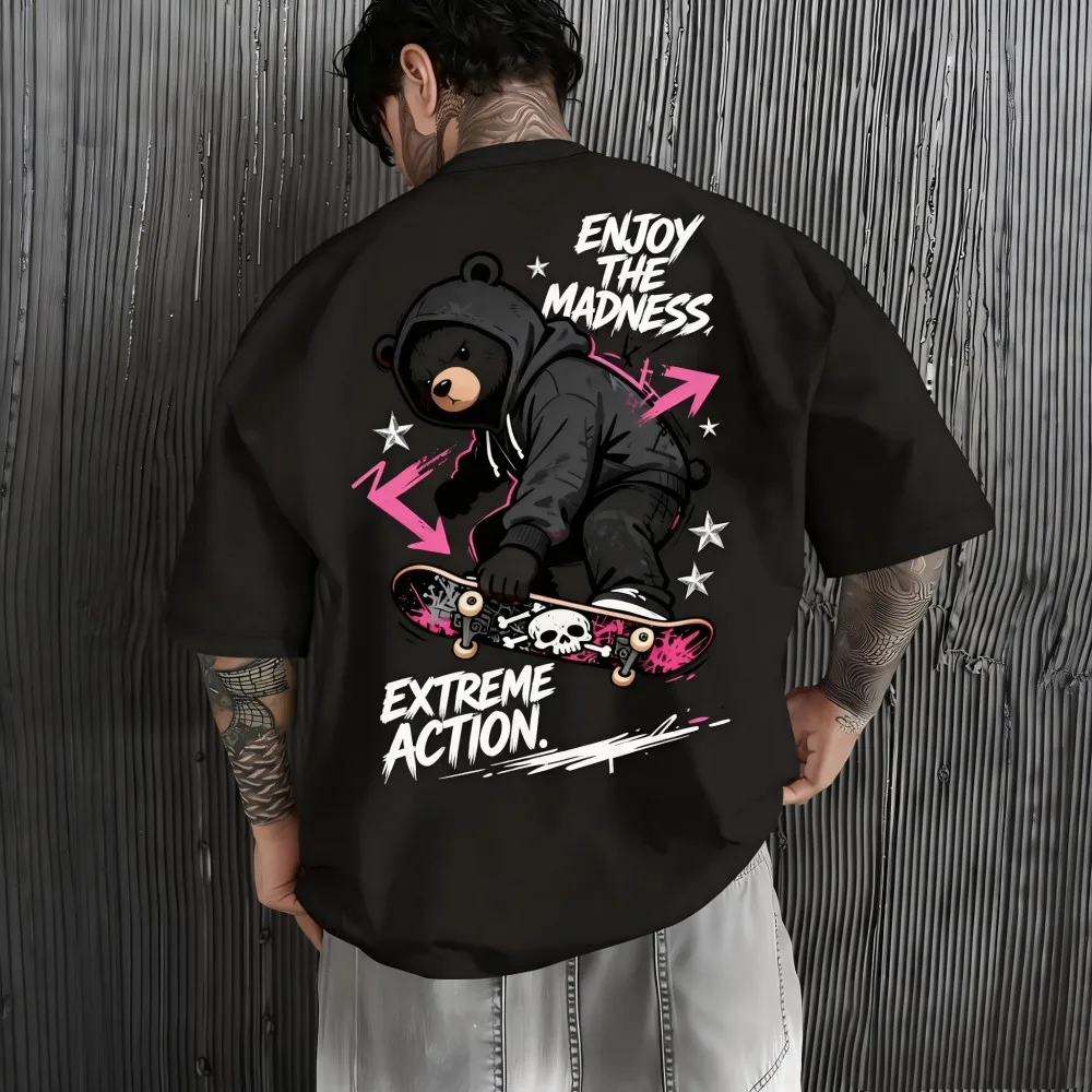 New American Men's Summer Teddy Bear Skateboarding Letter Printed Micro Elastic Breathable Round Neck T-shirt Outdoor Street Top