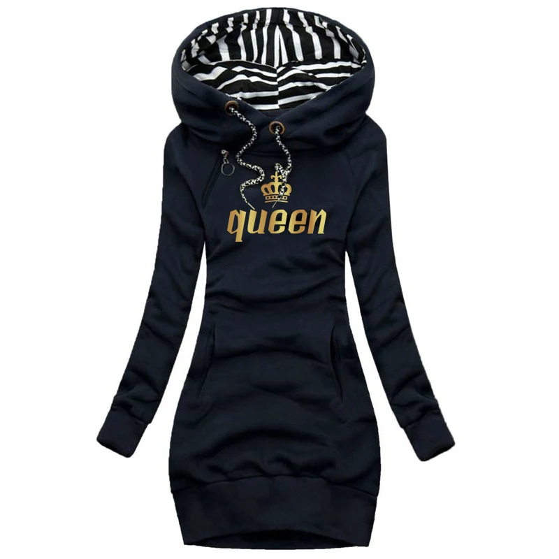 Fashion Women Casual Solid Color Long Sleeve Drawstring Hoodie Dress with Pocket Slim Hooded Pullover Sweatshirt Dress