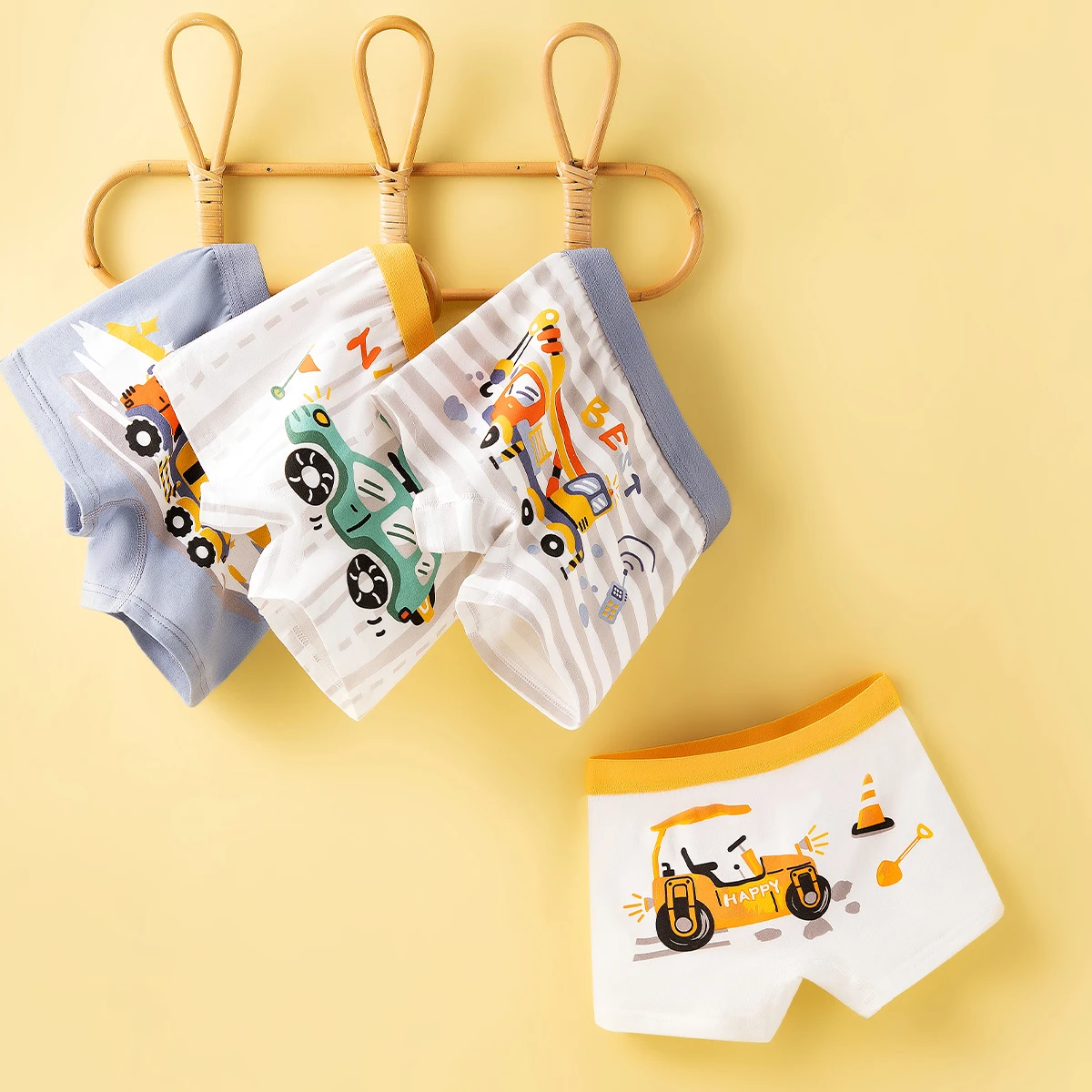 4Pcs Set Premium Cotton Boys Boxer Briefs, Cute Cartoon Construction Vehicle, Dinosaur & Panda Prints, Ultra Soft Breathable Ki