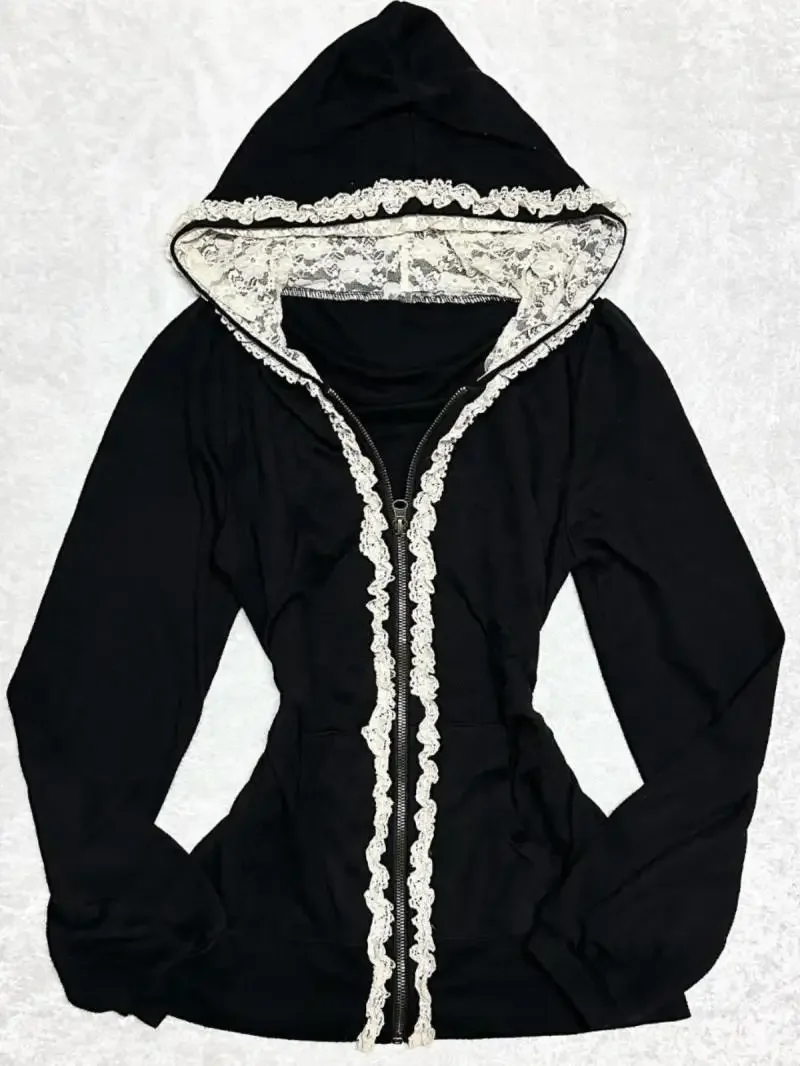 Y2K Korean style simple design retro black lace raw edge zipper hoodie women's trendy temperament casual hot girl slim jacket