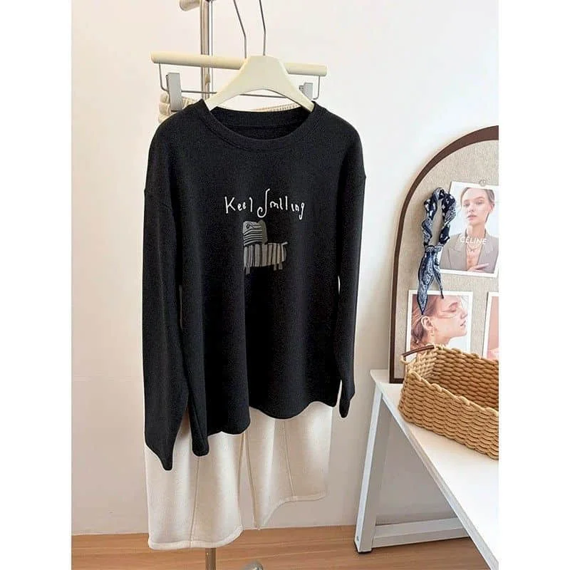 O-neck T-shirts Velvet Fleece Cartoon Print Keep Warm Tops Casual Korean Style Long Sleeve 2026 Autumn Winter Women Clothing