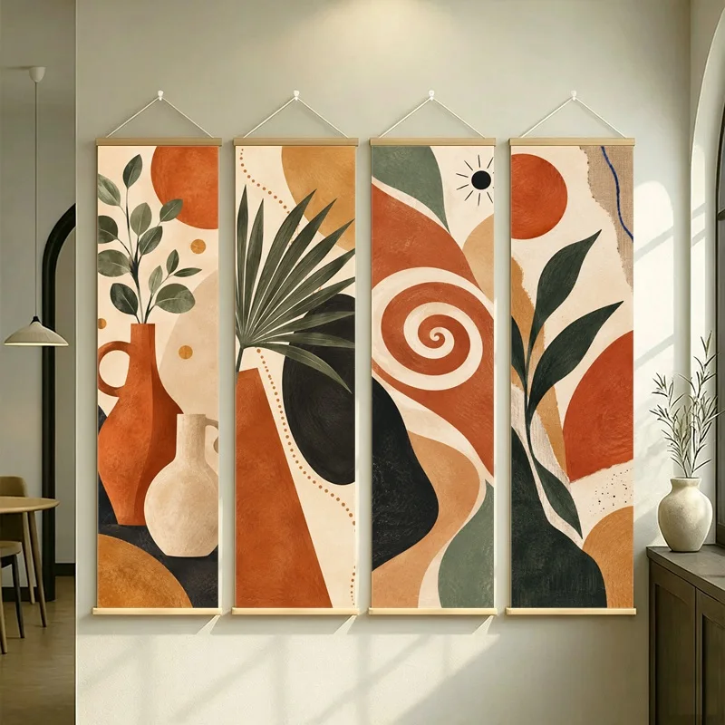 Wall Art Abstract Leaves Sun and Organic Shapes, Retro Boho Pearlescent Canvas Hanging Scroll for Modern Living Room