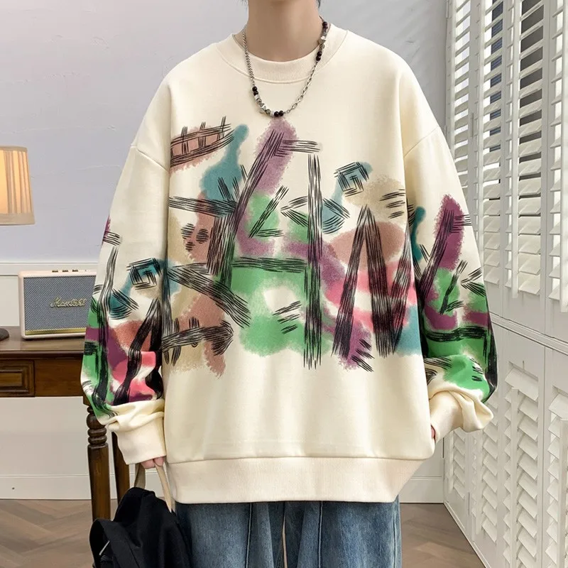 Street Hip-hop Hoodies Men's Round Neck Graffiti Print Pullover Casual Loose Dragon Patterned Sports Shirt Harajuku Men's Top