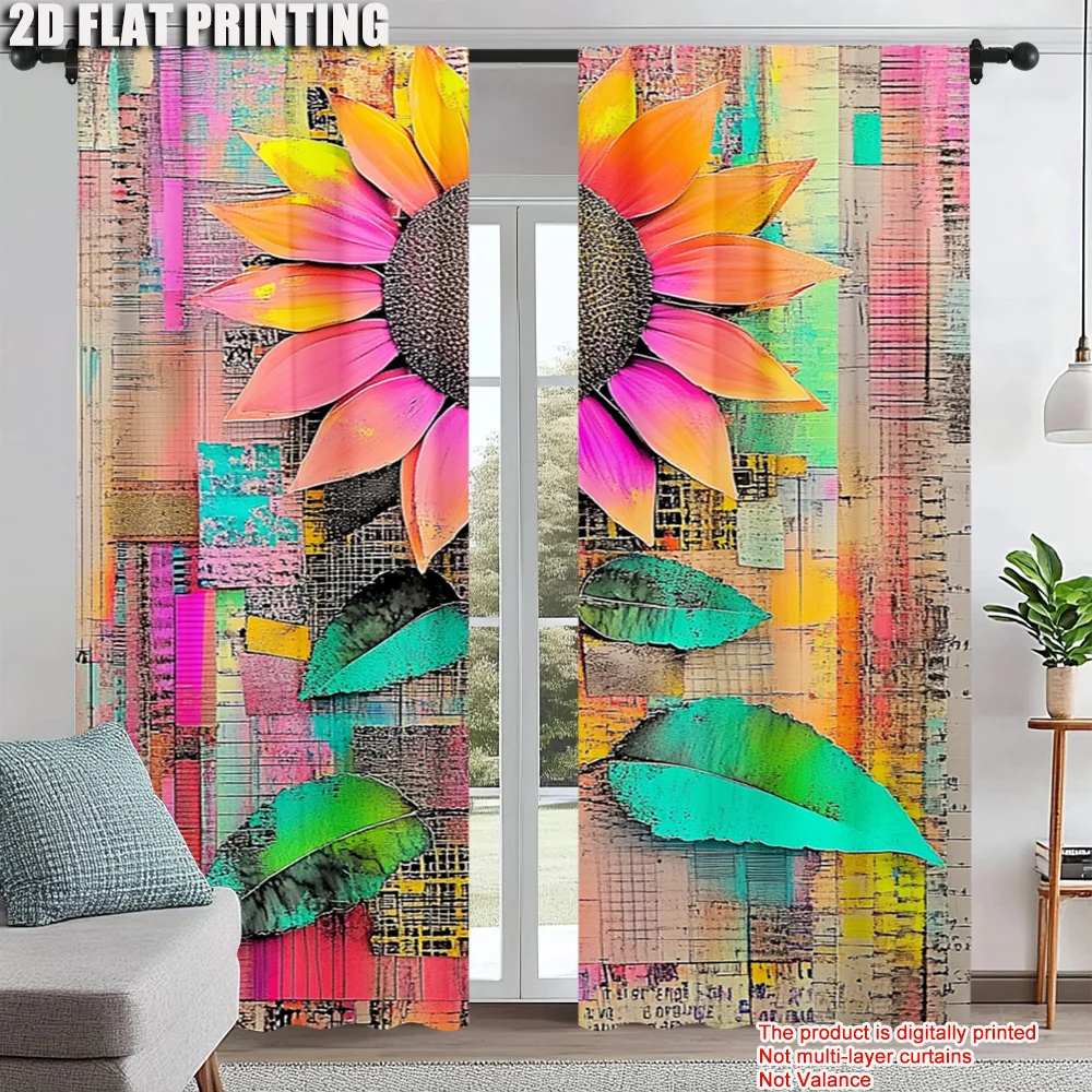 

2Pcs Contemporary Sunflower Print Blackout Curtains Polyester Rod Hole Machine Washable For Bedroom Living Room Dining Room_ai12
