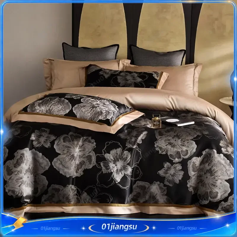 4Pcs Luxury Egyptian Cotton Satin Bedding Set Brocade Jacquard Duvet Cover Fitted Sheet Pillowcases Silky Soft Home Textile